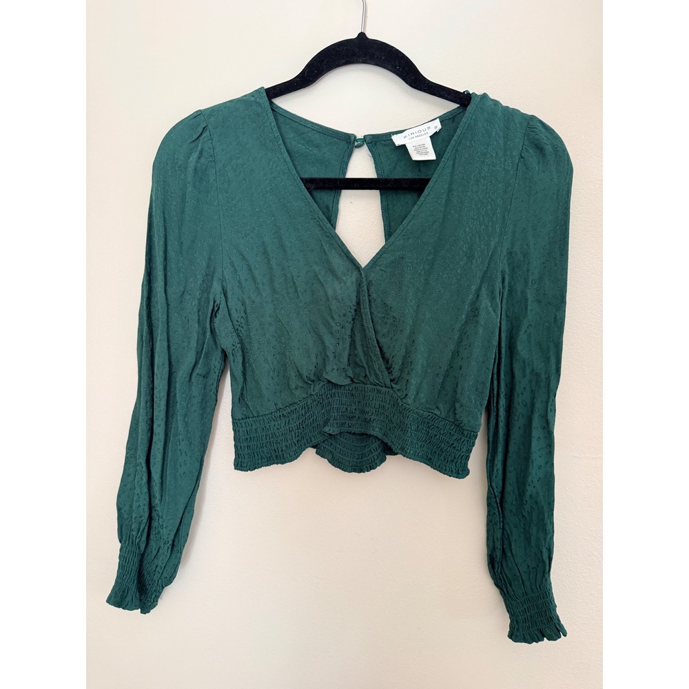 Kirious Los Angeles Forest Green Smocked Open Back Crop Top V-Neck Long Sleeve S